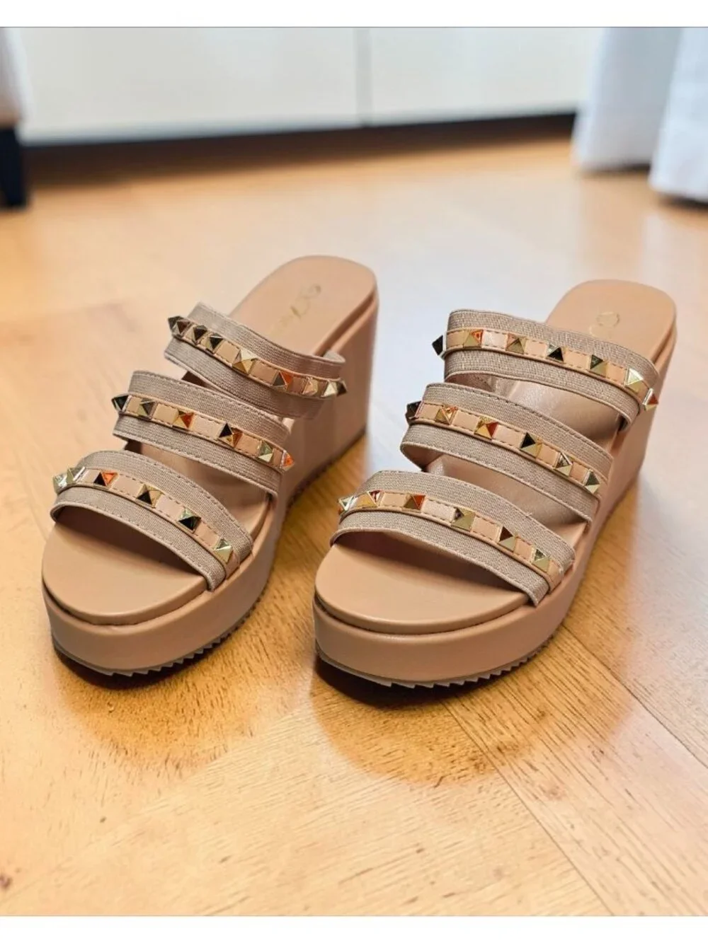 Studded Strap Nude Wedge Sandals For Women - Stylish Slip-On Platform Design Wit